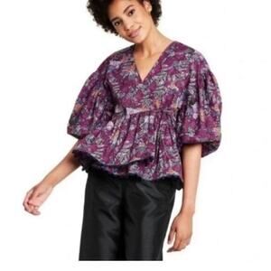 Kika Vargas x Target Purple Floral Cotton Coral Reef Scallop‎ Edge Wrap Top XS